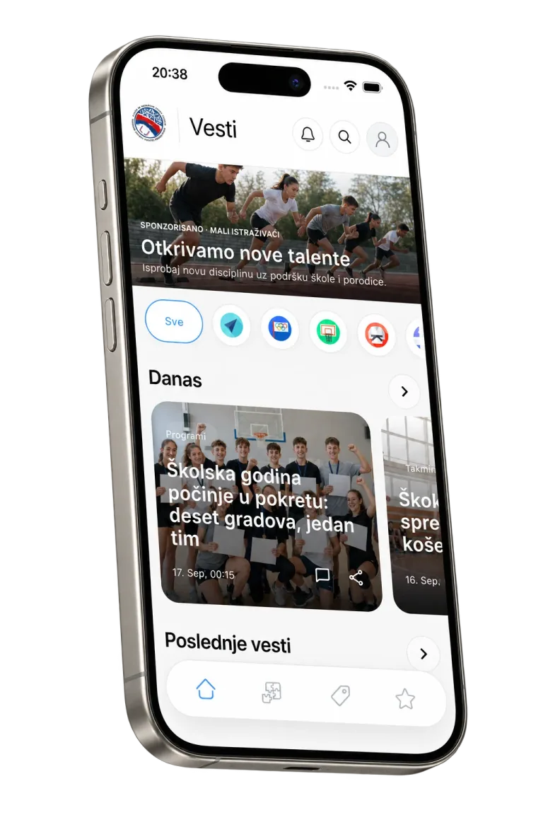 Početna stranica mobilne aplikacije Školski sport Srbije